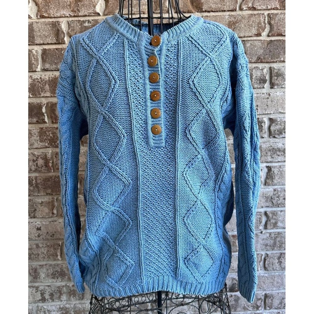Nuggets Cable Knit Sweater Medium Vintage Powder Blue Upper Front Button…